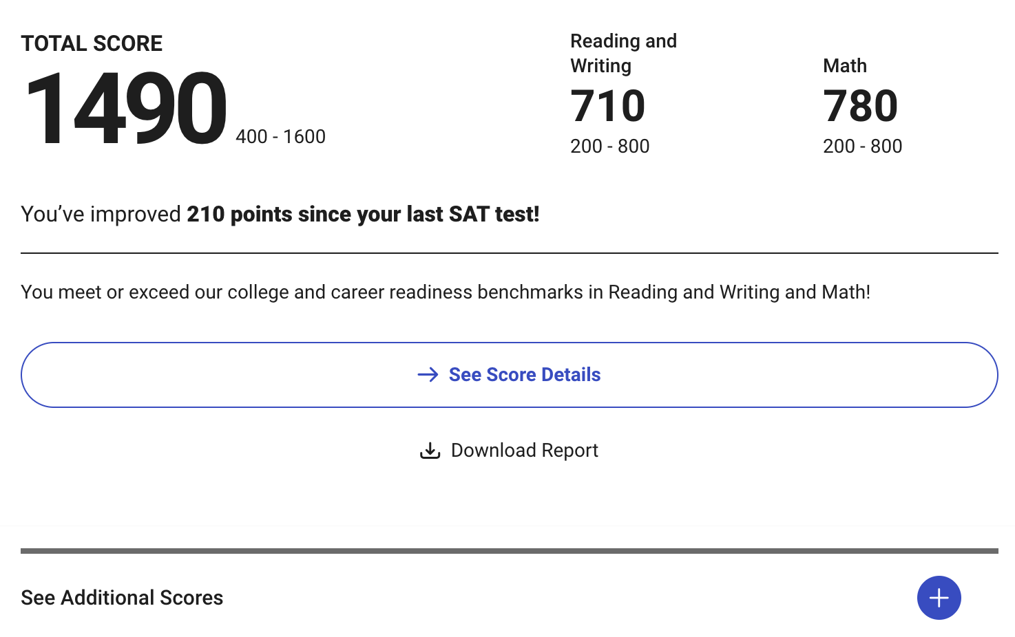 College Board score report: total 1490, Reading and Writing 710, Math 780, improved 210 points
