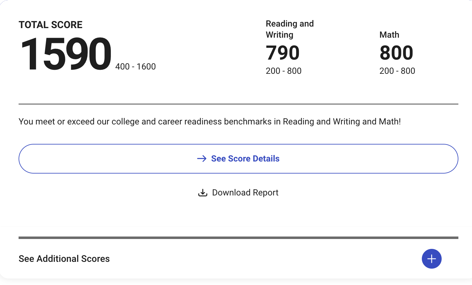 College Board score report: total 1590, Reading and Writing 790, Math 800